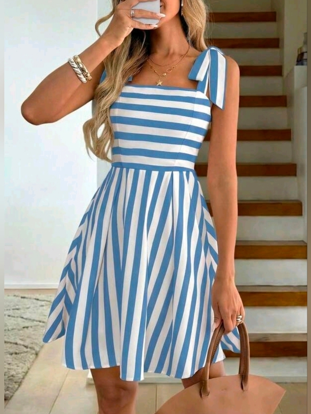 New Flirty Striped Tie Shoulder Short Cami Dress White Blue - Picture 2 of 9